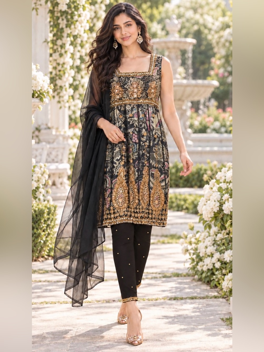 3-Piece Indian Salwar Suit Black Floral Gold Beaded Gold embellish